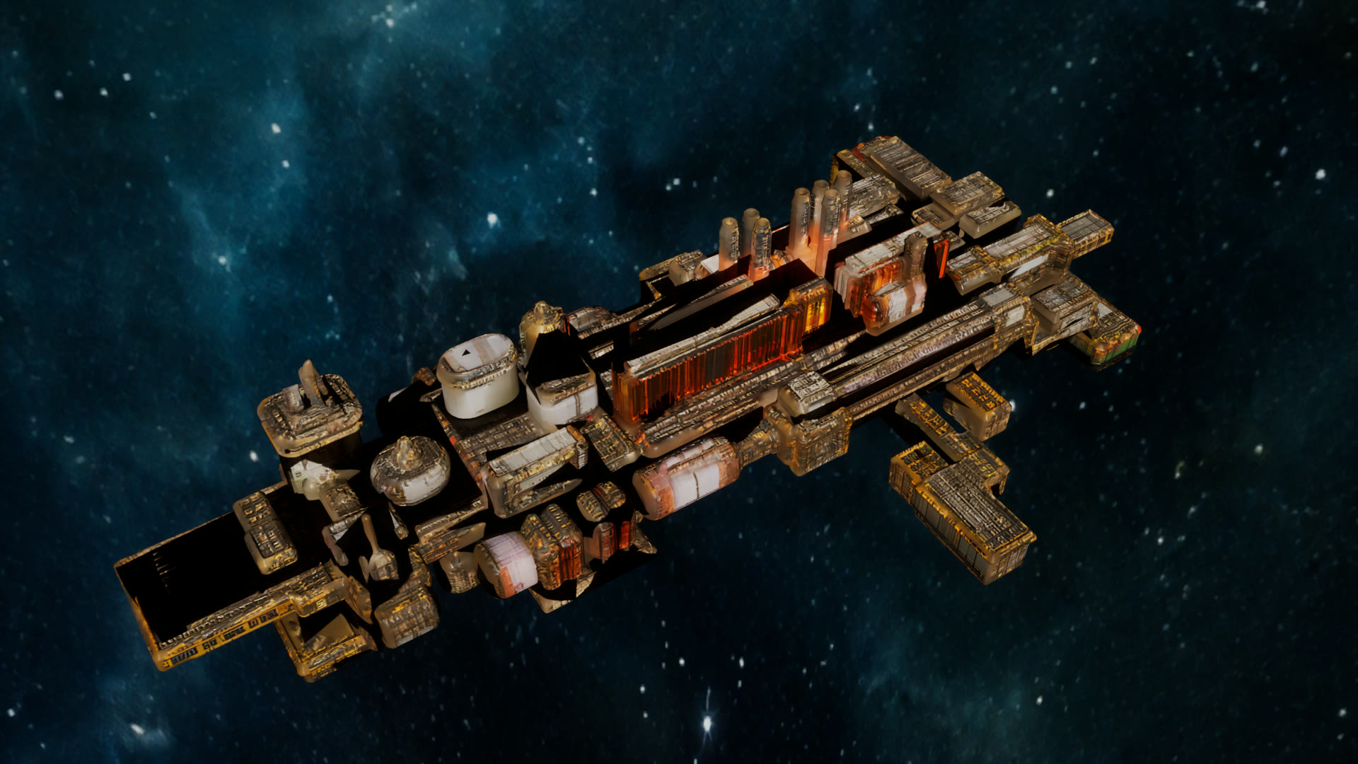 Cinderhook Refinery, a sprawling copper-toned industrial station of blocks, chimneys and pipework, against a blue starfield.