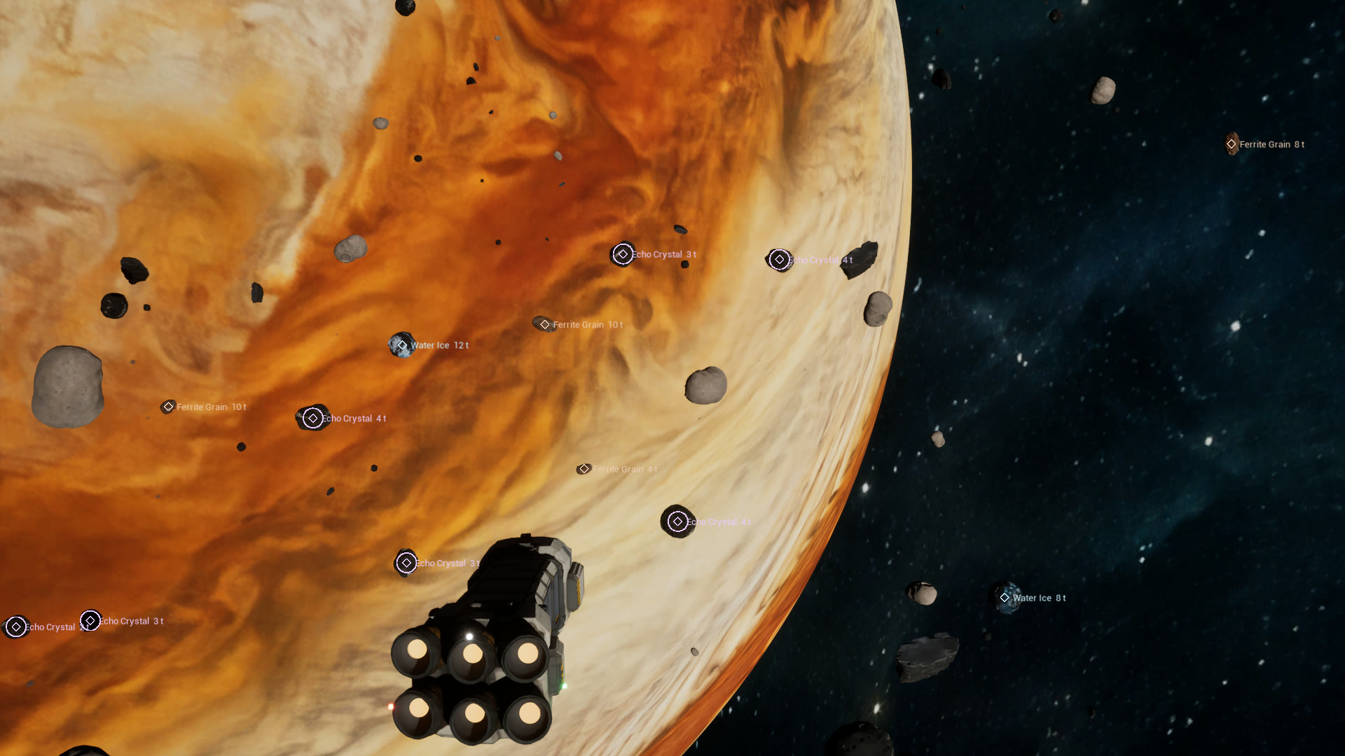 The freighter’s six engines glowing before an ore field and the gas giant. The Echo Sounder’s ping marks every rock with its ore and tonnage, and rings the echo crystal.