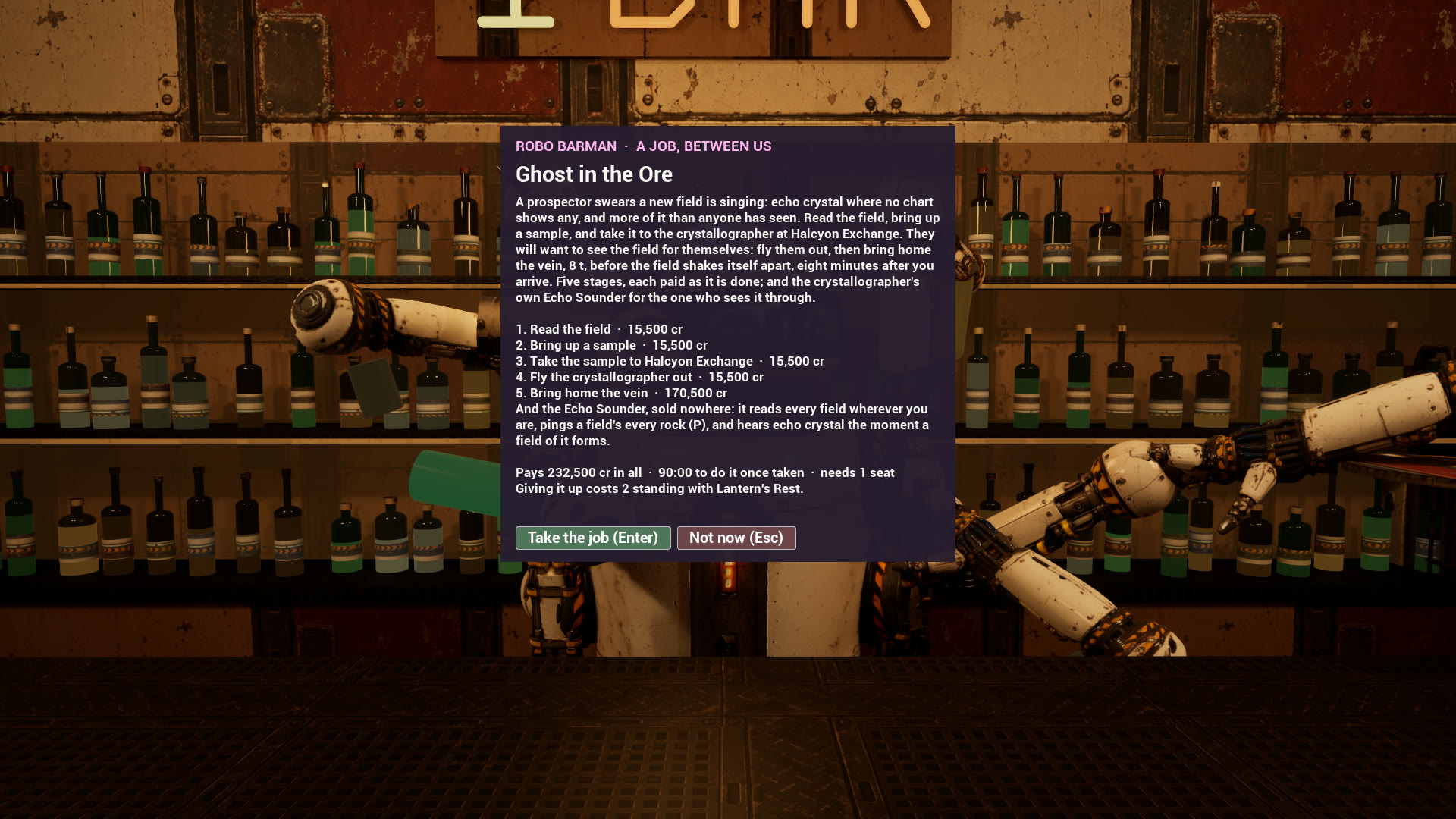 Robo Barman’s offer of Ghost in the Ore over the bar: five stages, each paid as it is done, and the Echo Sounder for the one who sees it through, 232,500 credits in all.