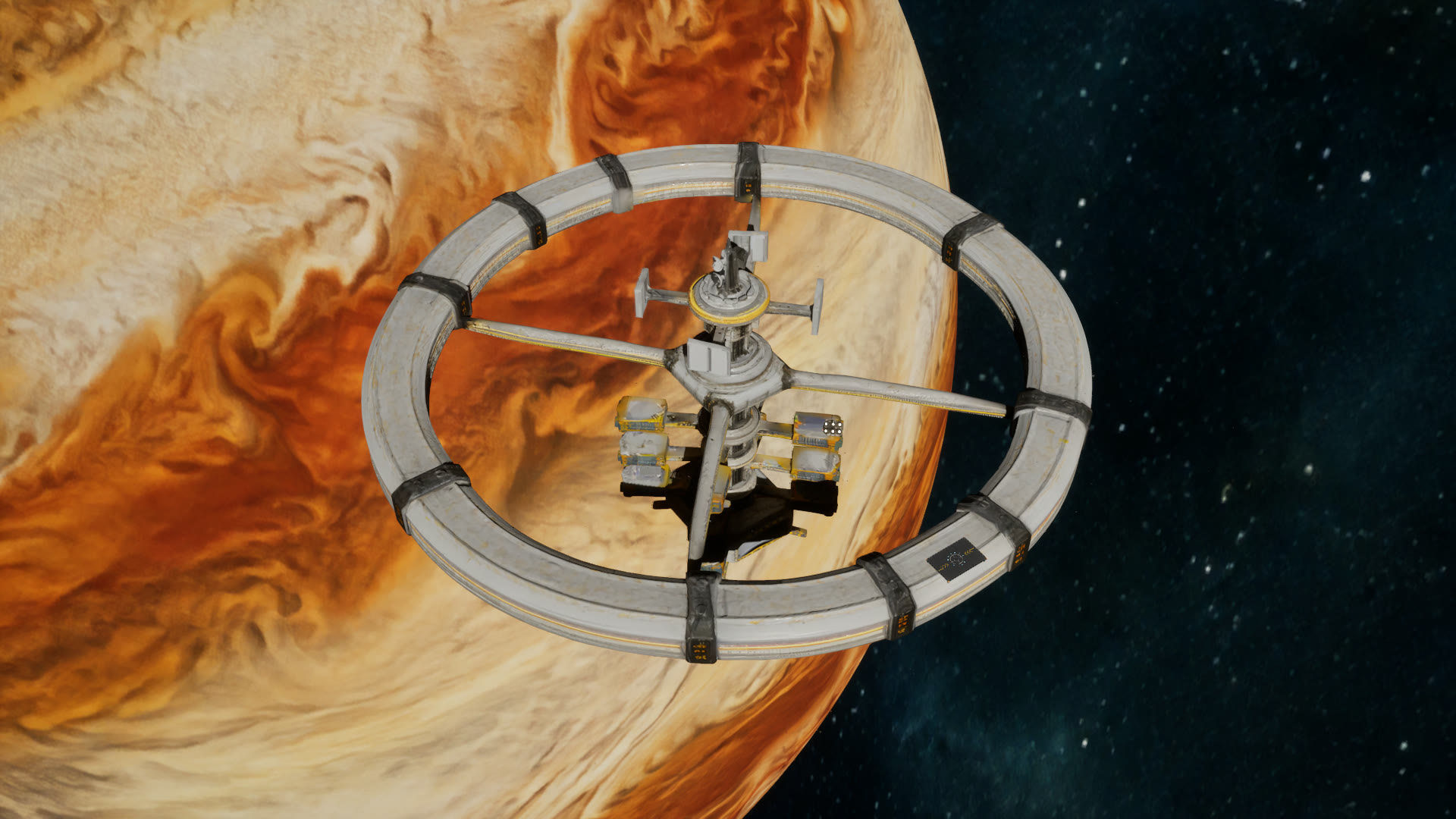 Halcyon Exchange, a white ring station with a central spindle, hanging in front of the swirling amber gas giant.