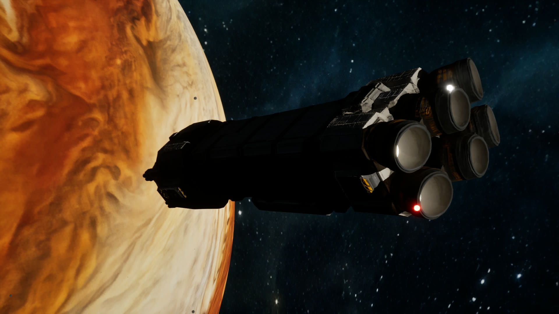 In-game capture: the player’s freighter in silhouette, six engine bells at its stern, passing in front of a huge amber gas giant.