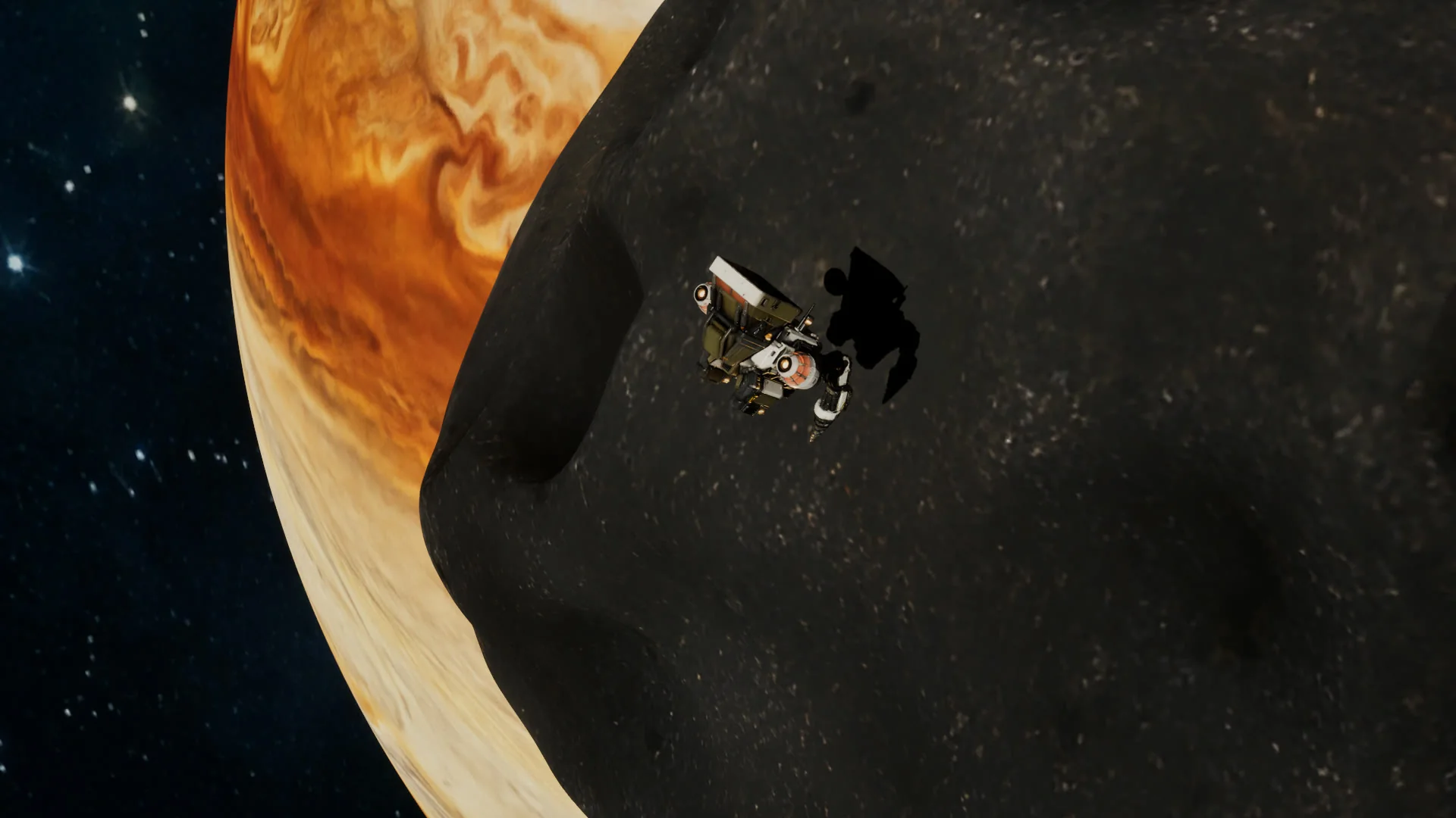 A mining drone working the surface of a dark asteroid, with the gas giant filling the background.