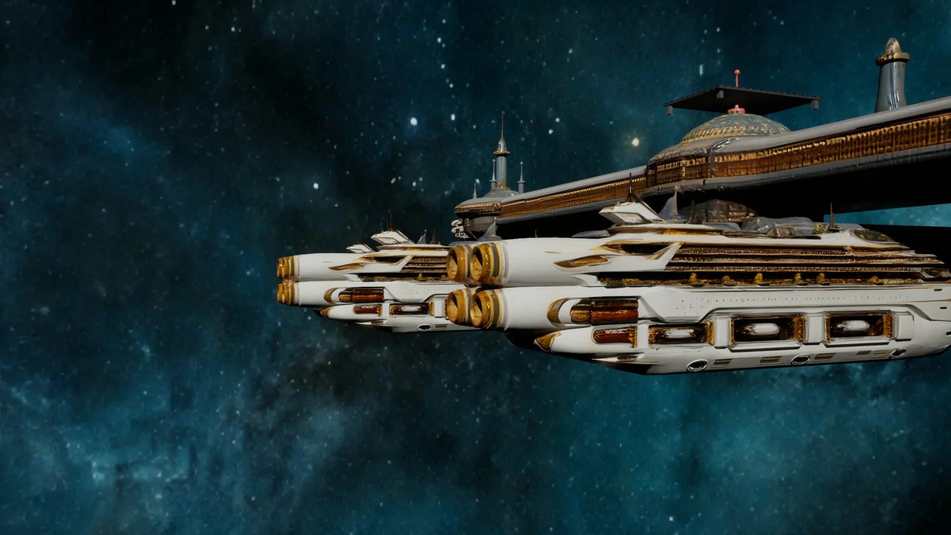 A row of passenger liners berthed along the spine of a long orbital ring station.