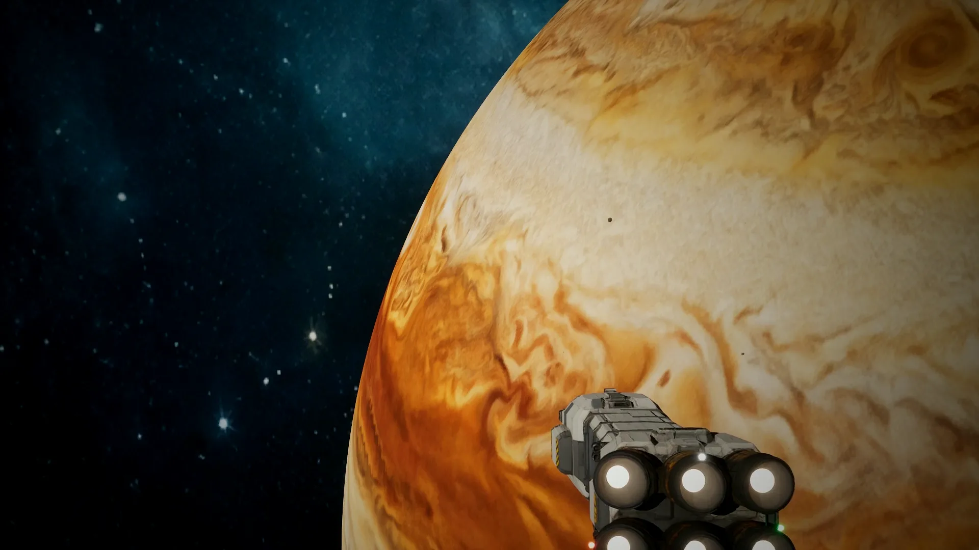 Trailer still: the player's freighter running its six engines against the cloud bands of the gas giant.