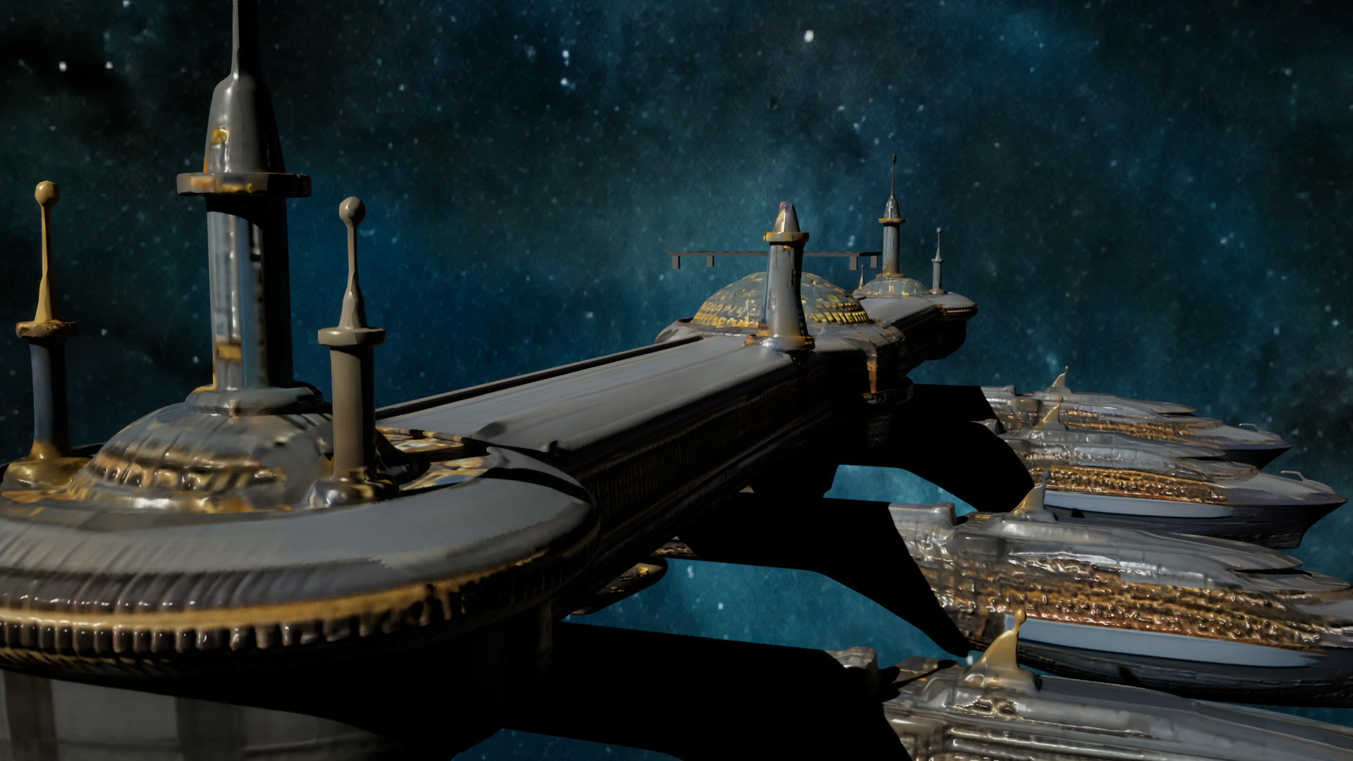 The end hub of Orpheus Anchorage, its domes and towers trimmed in gold, with sleek liners berthed in ranks behind it.