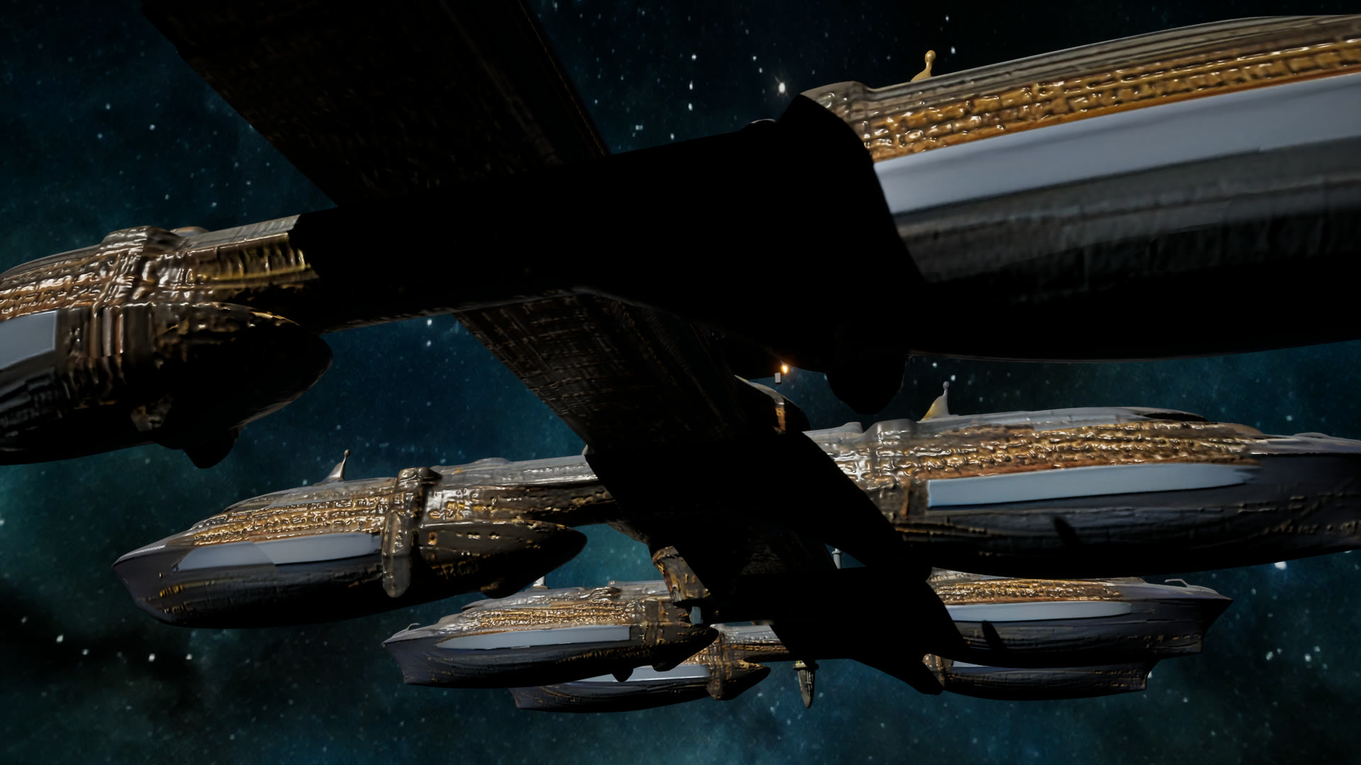 Ornate silver and gold liners berthed in ranks beneath the dark spine of Orpheus Anchorage, against a starfield.