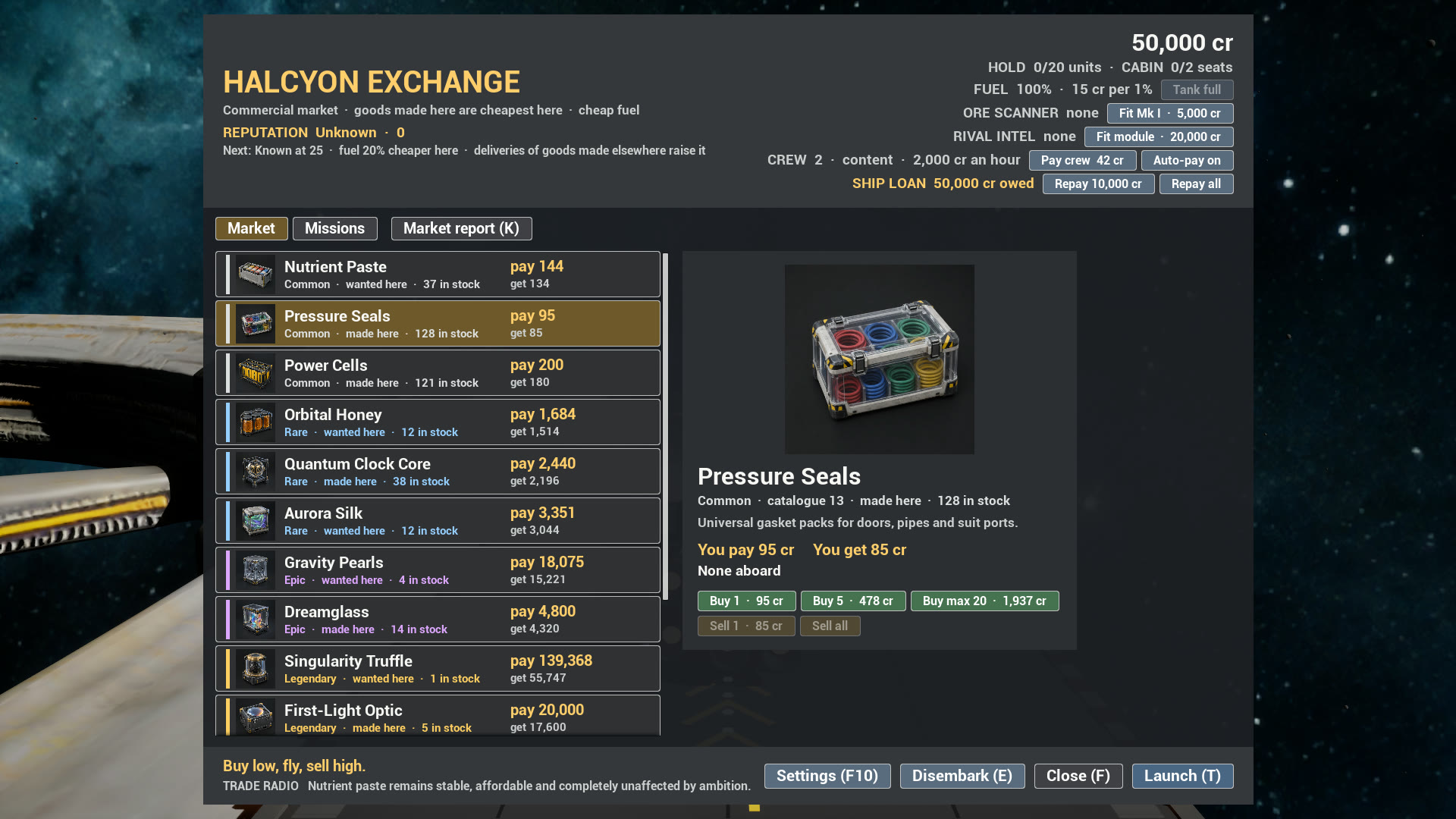 The station market screen at Halcyon Exchange, listing goods from Nutrient Paste to First-Light Optic with their stock and prices.