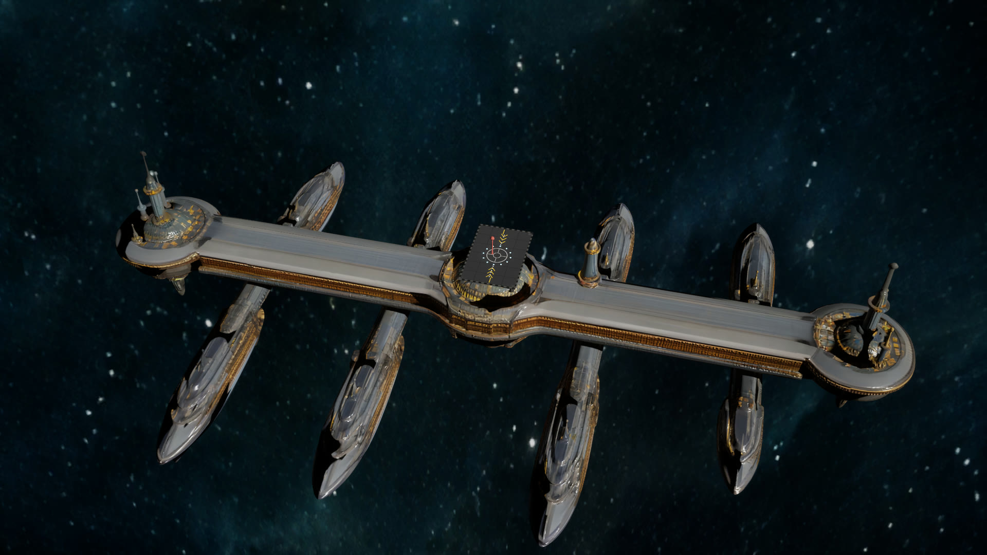 Orpheus Anchorage, a long station spine with domed ends and sleek liners berthed along it, against a blue nebula.