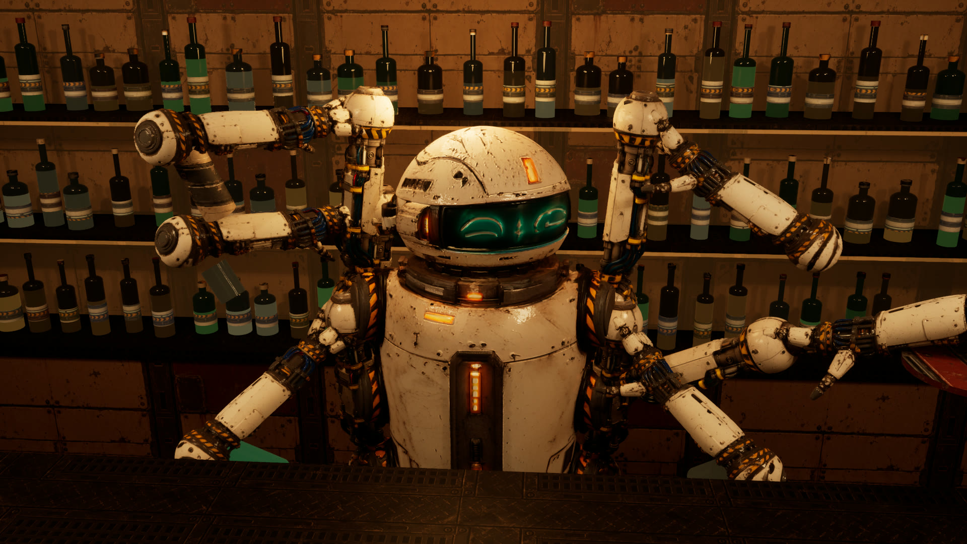 Robo Barman, a white six-armed robot with a teal visor for a face, behind his bar in front of shelves of bottles.