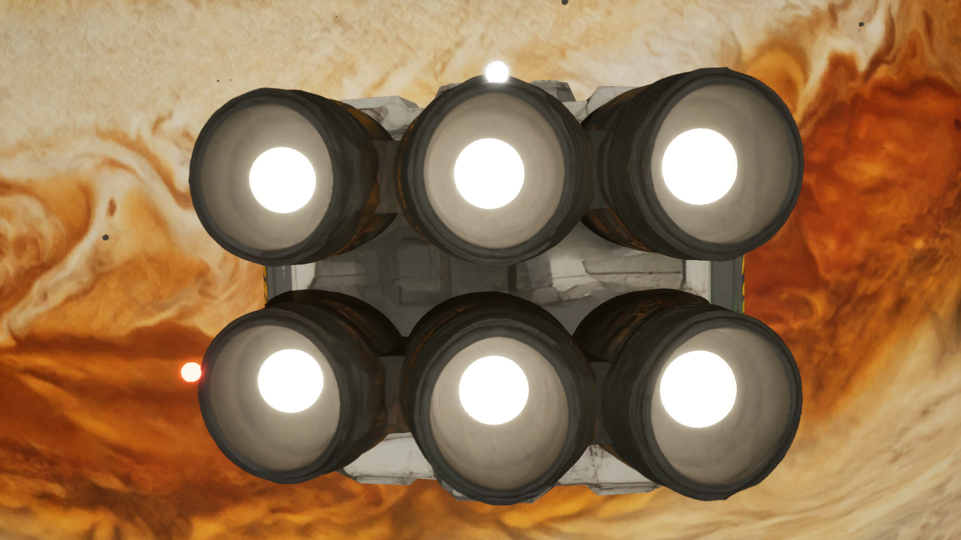 Close behind the freighter: its six engines glow white against the swirling amber clouds of the gas giant.