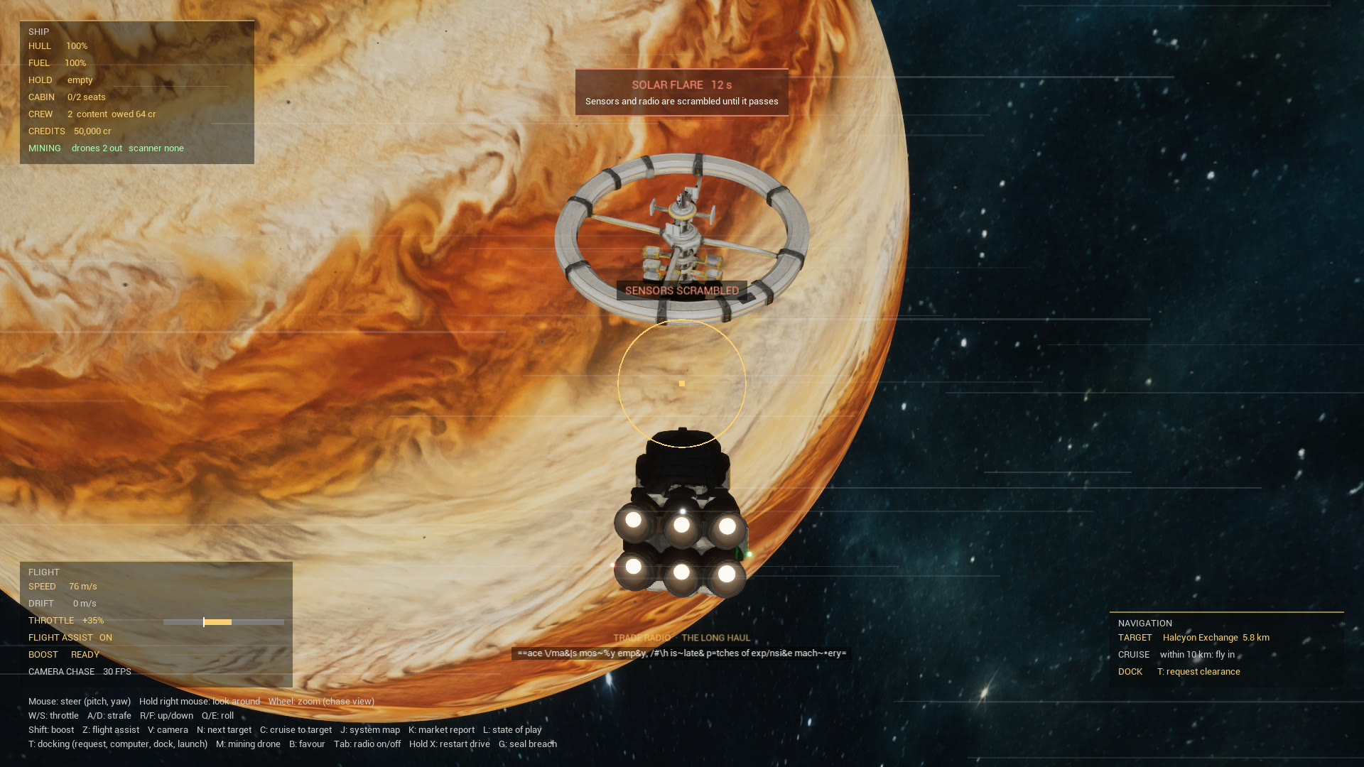 In flight towards Halcyon Exchange: a solar flare warning, a sensors scrambled label and the ship’s HUD over the gas giant.